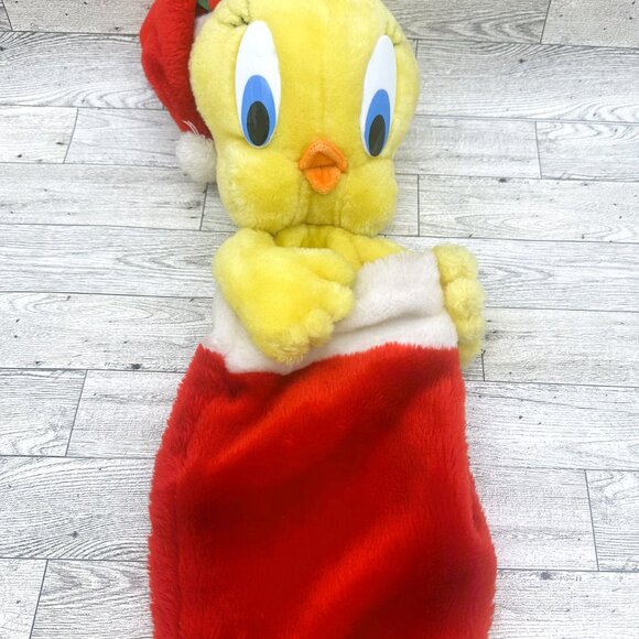 1991 Warner Brothers Tweety Bird 3-D Plush Christmas Stocking w/ Santa Hat - Picture 3 of 9